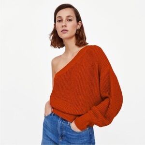 Zara Knit one arm sweater Medium bright orange one shoulder cut out blogger fave